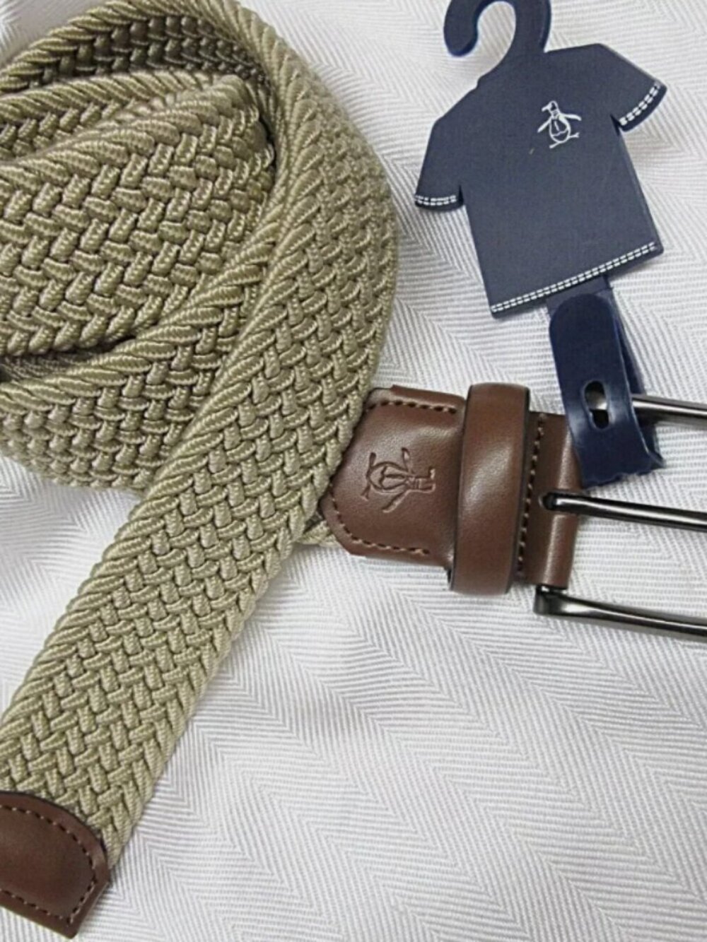 Original Penguin Men's BRAIDED STRETCH BELT BEIGE Genuine Leather M 34-36